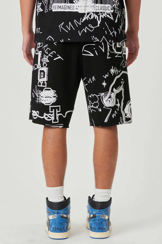 All Over Hand Doodling Puff Print Shorts