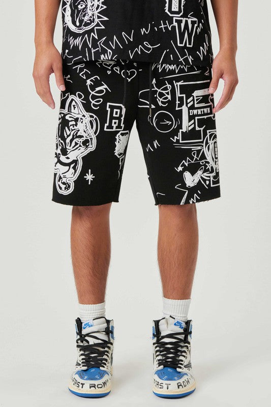 All Over Hand Doodling Puff Print Shorts