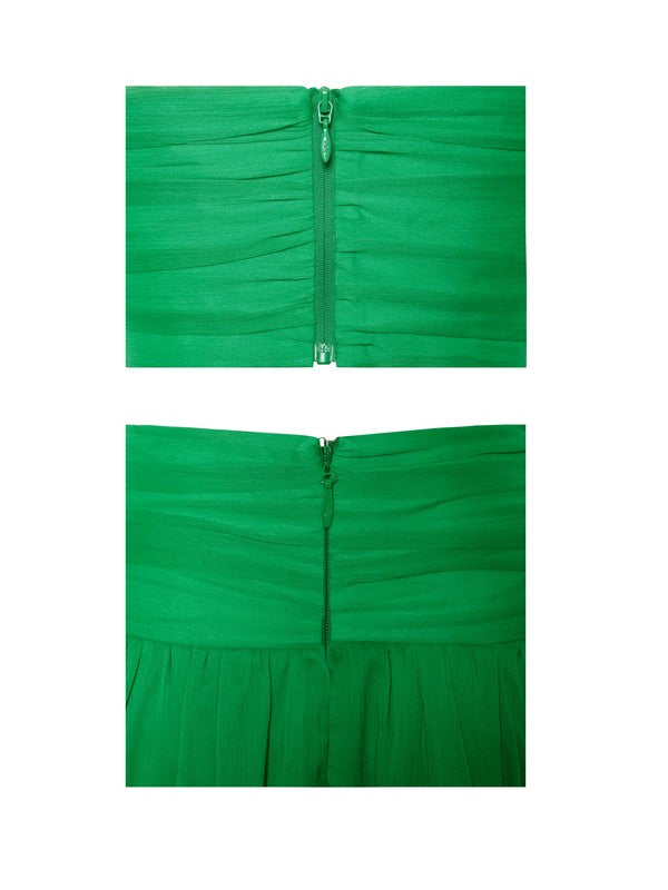Glamour Green Silk Pleated Lace Up Maxi Dress