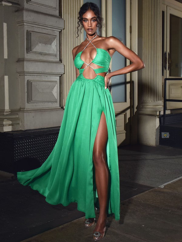 Glamour Green Silk Pleated Lace Up Maxi Dress