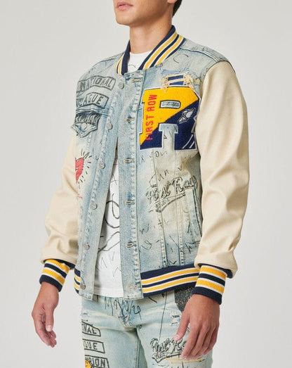 Hand Drawing Denim Varsity Jacket