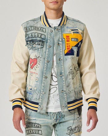 Hand Drawing Denim Varsity Jacket