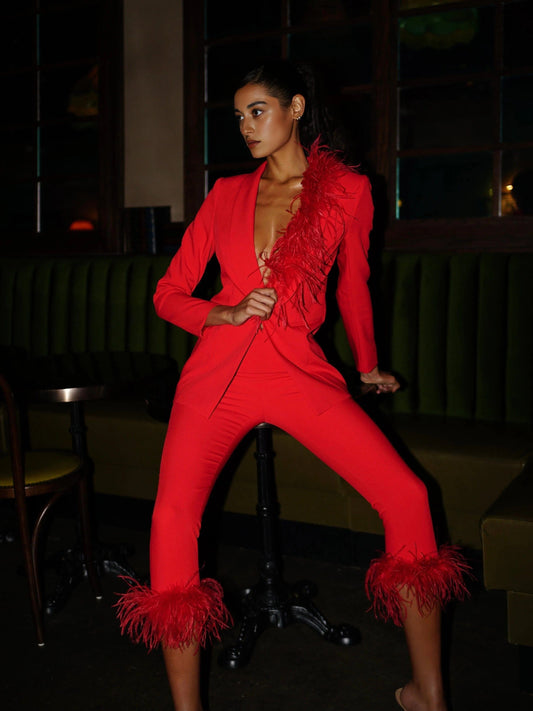 Leeza Red Pantsuit with Feather Trim